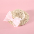 Dettaglio cappello di paglia per animali con perle e fiocco in tulle rosa elegante - S(13CM) / Cappello con Fiocco di Perle Rosa