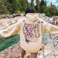 Cream oversized hoodie with cherry blossoms and Jesus Loves You print on back - S / Khaki