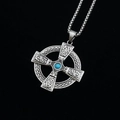 Collier croix celtique argentée avec pierre bleue et motifs tressés sur chaîne - Pendentif Turquoise Bleue (Sans Chaîne) A0413