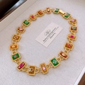 Macro shot of vintage gold chain necklace with colorful enamel and inset rhinestones - Vintage Square Enamel Necklace / Enamel Door Lock Rhinestone Necklace (7#)
