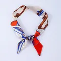 Narrow silk scarf with horse harness pattern in orange and blue for bag decoration - X02-Multi