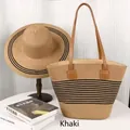 Khaki straw tote bag and wide-brim sun hat set with black stripes for summer vacation - Hat & Bag Set / Classic Khaki Black Stripe