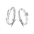 Elegant pair of S925 sterling silver couple rings with heart-shaped stone and wave texture - Adjustable Open / Men's And Women's Rings