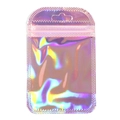 Detail of holographic iridescent resealable bag with hanging hole and zip-lock closure - 7*11cm / Pink