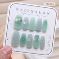 Matte mintgroene ballerina plaknagels met bloemenmotieven en 3D-waterdruppel details - XS / Matte Muntgroen Floraal 3D Waterdruppel Stijl (FM024-XS)