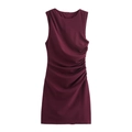 Vestido corto de satén burdeos sin mangas con cuello en U y detalle fruncido lateral - S / Burdeos