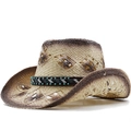 Vintage straw cowboy hat with brown gradient brim and turquoise beaded leather band - 03 Rice Black