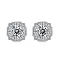 S925 sterling silver square halo stud earrings with round brilliant-cut center stones - Moissanite Square Lace Style (S33A) / Moissanite + S925 Silver