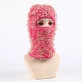 Fuzzy knit balaclava mask in neon pink and green mixed color for winter warmth - Pink+Green