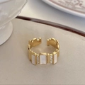Adjustable golden ring featuring white enamel rectangles and clear crystals for women - Minimalist Square Diamond