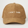 Καφέ κοτλέ καπέλο μπέιζμπολ με κέντημα I DON'T CARE σε μπροστινή λήψη σε στούντιο - Ρυθμιζόμενο / Χακί