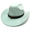 Detail of mint green suede cowboy hat with vintage bronze bull head and leather band - M (56-58cm) / Mint Green