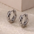 Pair of silver fluid metal texture earrings with irregular crumpled surface design - Silver Thick Crumpled Texture