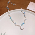 Collier en acier doré avec perles bleues, perles d'eau douce et pendentif lune - Style Pendentif Lune Argenté Agate Bleue (70# Collier-Bleu)