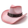 Pink woven western cowboy straw hat with silver bull head and studded leather band - M(56-58cm) / Rose Red and Pink