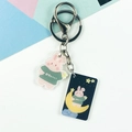 Cute pink rabbit acrylic keychain with silver D-clasp on a colorful geometric background - Pink Rabbit Night Sky Style (Double Buckle No. 17)