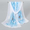 Floral print chiffon scarf in light blue and white colorway for summer sun protection - White Blue Flower (Large Flower)