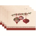 Set of 4 Christmas placemats with hanging bauble prints on linen texture fabric - Style 34