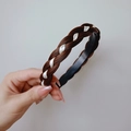 Handmade dark brown braided hair headband with white silk ribbon in high crown fishtail style - Ribbon Sandwich Braid (2CM Wide) / Tan