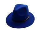 Detail of royal blue wool fedora hat featuring a black band and gold link chain accent - One Size / Sapphire Blue