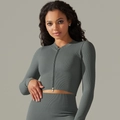 Dark grey seamless yoga set featuring zip-up long sleeve top and high waist leggings - S / Tops / Dark Gray