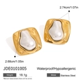 Gold stainless steel pearl earrings with white inlay and detailed size specifications - Gold
