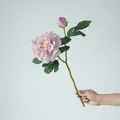 Single light purple peony silk flower with bud and realistic green leaves, 49cm long - Light Purple