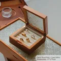 Vintage cherry wood jewelry box with embossed glass lid and linen 4-slot ring insert - Cherry Wood Linen Ring Small Box