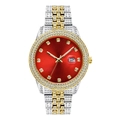 Close-up of iced-out men's watch with red dial, calendar window and crystal accents - Two-tone Gold Red Dial