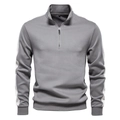 Detail van grijs sweatshirt met halve rits, opstaande kraag en witte strepen op de mouwen - S / Grijs