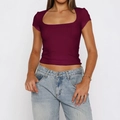 Slim fit Y2K short sleeve crop top for women in deep burgundy wine red solid color - XS / Burgundy