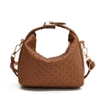 Brown woven handbag with golden hardware and adjustable shoulder strap on white background - Brown