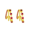 Three-layer gold C-shaped earrings with sparkling pink cubic zirconia in a vintage style - 14K Gold Plated Red Zirconia Style (M-678)