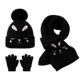 Winter 3-piece set for girls with knit hat scarf and gloves featuring rabbit embroidery - Black