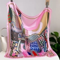 Close-up of pink imitation silk scarf with geometric graffiti patterns and silky texture - Pink Abstract Geometric Style (FJ749-3)