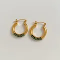 Golden C-shaped hoop earrings with three rows of micro-paved green rhinestones - Gold Green Zirconia Style (KDE1998)