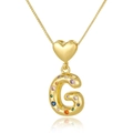 Detailed close-up of golden heart buckle and letter G pendant with multi-color zircons - Letter G