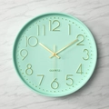 Minimalist 25cm mint green round wall clock with 3D golden Arabic numerals and hands - Ice Blue Dial Gold Numbers Ice Blue Frame