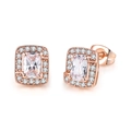 Square rose gold stud earrings with pink gemstone and halo diamonds for women - Rose Gold + White Stone Earrings