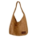 Minimalist brown corduroy hobo shoulder bag with leather logo tag and large capacity - Khaki