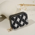 Porte-cartes en tricot à carreaux avec double fermeture éclair dorée et design accordéon - Noir