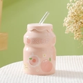 Pink ceramic peach-themed mug in Yakult bottle shape with glass straw and lid - (Boxed) Peach
