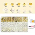 Detail of 15-grid DIY bead kit with gold stars, faux pearls, scissors and elastic thread - Style 4: 15 Grids Pearls + String + Scissors