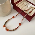 Bohemian tiger eye necklace with red agate, green epidote and baroque pearl pendant - Red Agate Shell Necklace XL0371