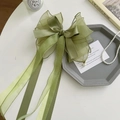 Avocado green oversized bow hair clip with ribbons in silk satin and organza fabric - Green