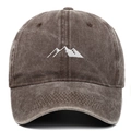 Close-up of white mountain embroidery on a vintage washed brown cotton baseball cap - Coffee