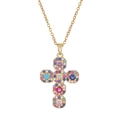 Cross pendant necklace in gold finish with vibrant colorful zircon stones on white background - Colorful