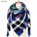 Oversized check scarf in blue, black, and orange with soft fringe edges, style FX-18 - 140x140cm / 18# Royal Blue Multicolor Plaid