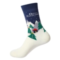 Winter thermal terry Christmas sock in dark blue featuring snow mountain and pine tree patterns - Blue White Snow Mountain and Cabin Pattern (M07)