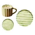 Hand-painted Japanese ceramic mug and plate set with vintage green stripes on cream base - Three-Piece Set / Green
